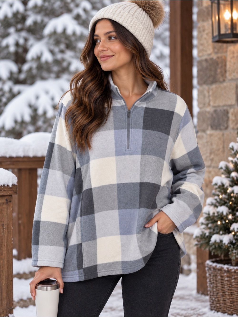 Lands’ End Women’s Plaid Fleece Quarter Zip Pullover Gray Blue Cream 
Size 3x